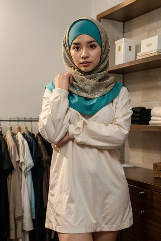 photography of a 20-year-old woman, perfect face, masterpiece, black headscarf, flowered shirt, sitting cross-legged, in a room, folded clothes, clothes basket, clothes closet, many folded clothes