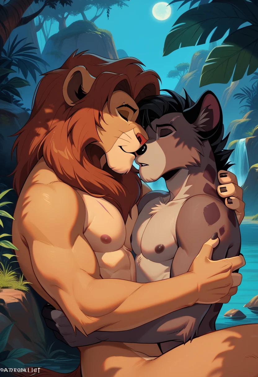 cover page, highres, top quality, best quality, paid reward available, unparalleled masterpiece, perfect artwork, absurdres, High-quality illustrations, bathing in water, beautiful refraction of water, nude, undress shirt soaked in water, transparent clothing, Rich colors, Dreamy, mystical, erotic, dynamic and intricately defined muscular physique(In the forest where the stream flows, Backlighting)perfect anatom(((furry body, Facial features of male lion, Features of the male lion body)))(((muzzle of the male lion, very detailed furry body of male lion))))undress(portrait)cinematic lighting, dynamic angle,