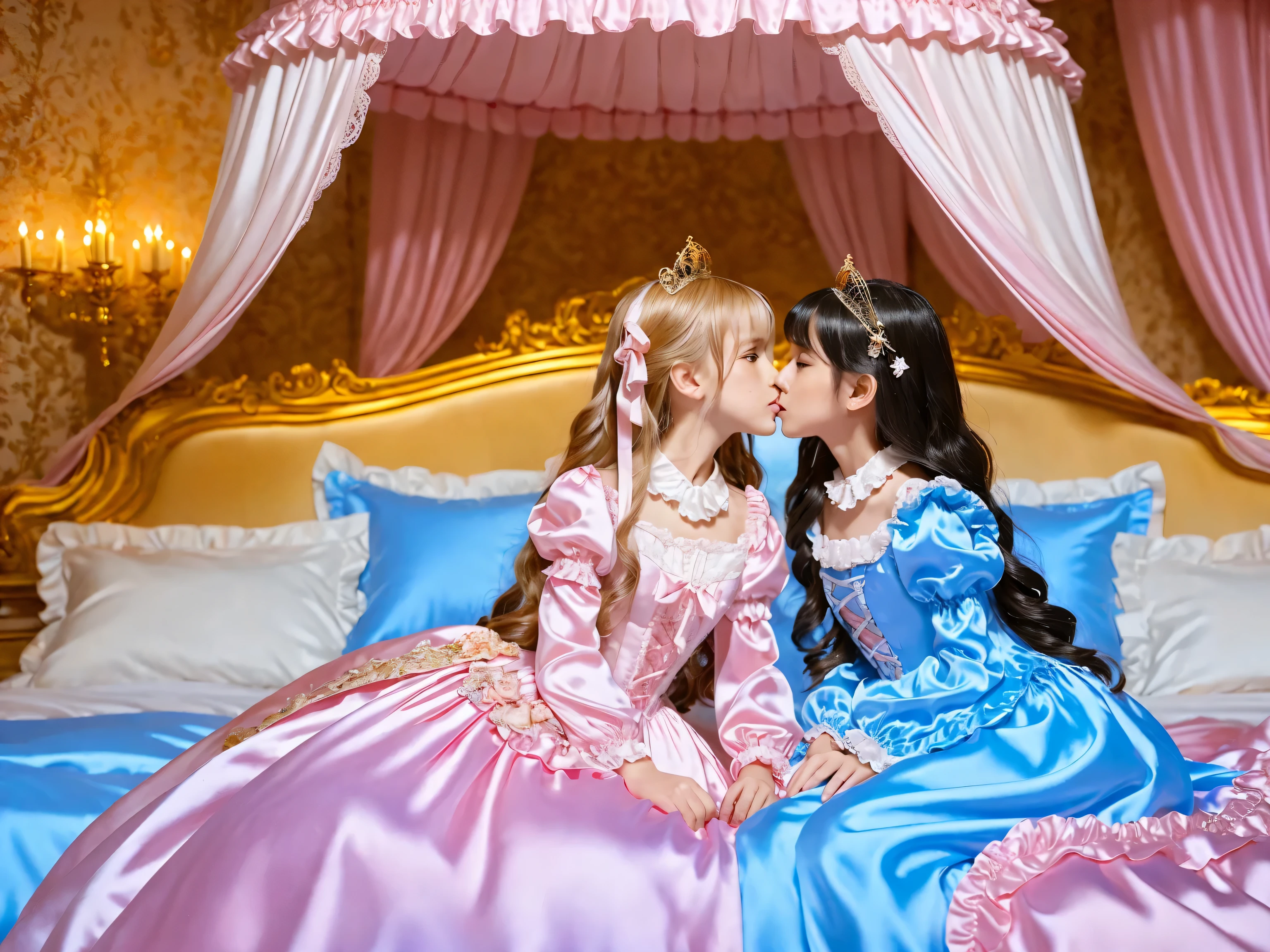 Two Princesses sky blue Silk Satin Victorian Ball Gown Dress. ((Ten years old)),((european little girls:1.2)),((kissing,face to face)),cute face, Cute smile, short body height,long sleeves,puff sleeves,frilled sleeves,(((Frilled yoke collar that completely covers the shoulders:1.0))),The dress is decorated with lots of frills and ribbons.,(((golden blond Long hair:1.2))),They are wearing princess tiara on the head,ultra detailed background,in the luxurious European rococo style bedroom,luxurious pink canopy bed behind,high detailed canopy bed,((pink silk satin bedsheets,lot of frilled colorful silk satin pillows:1.0)),