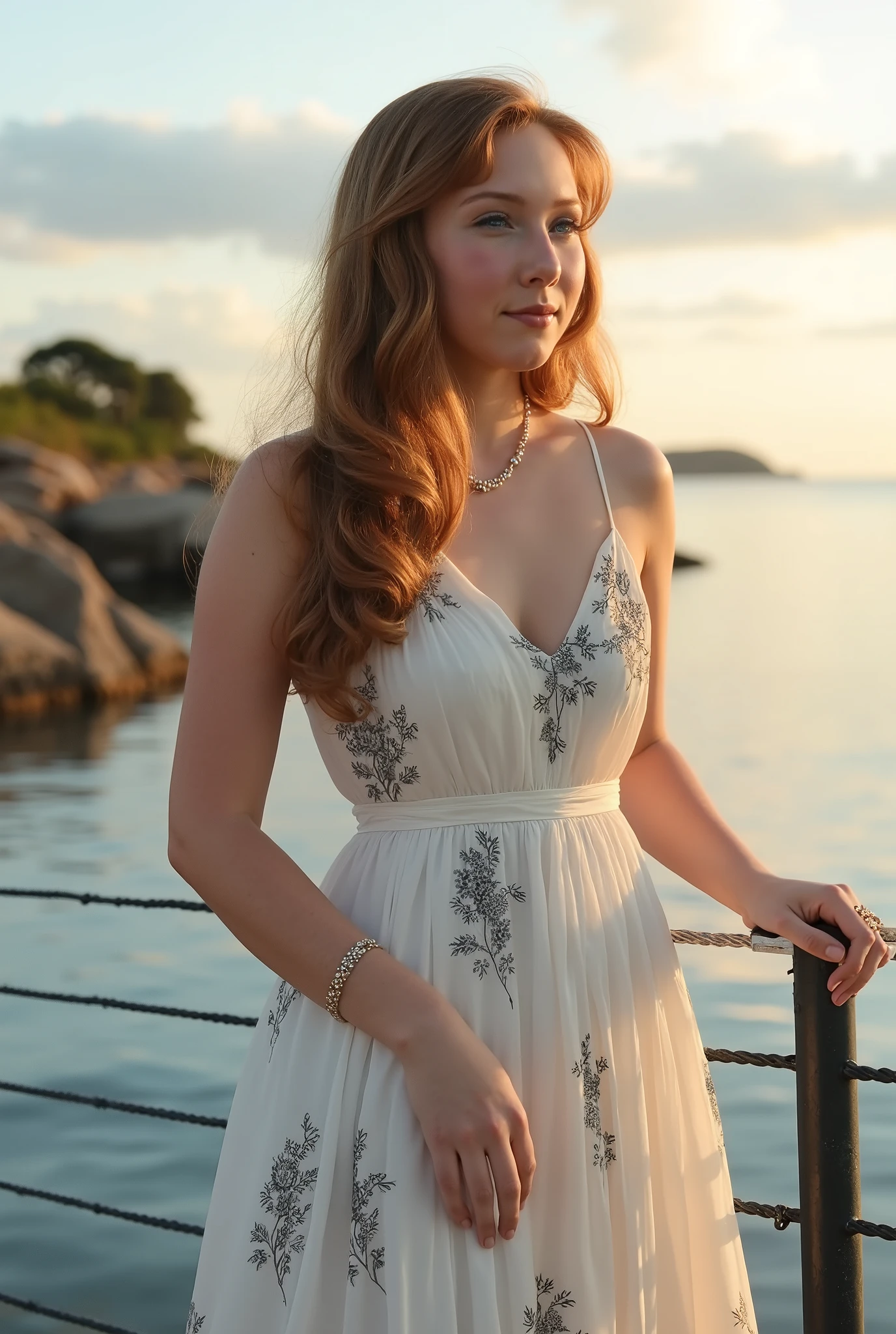 Alexis Realistic photograph in portrait of a young woman standing, slightly tilted back, a hand resting on a metal railing, The other arm raised, wearing a white dress with black floral patterns, on a coastal landscape background with a calm water surface under partly cloudy skies at sunset. realistic photographic style, soft, natural light of the golden hour, warm shades of blue and orange in contrast to the white of the dress and the dark floral patterns. Texture of the dress fabric and smooth surface of the water. Excluir : , surexposition, Underexposure, distortion, artificial elements, additional objects or people, unwanted reflections in the water.