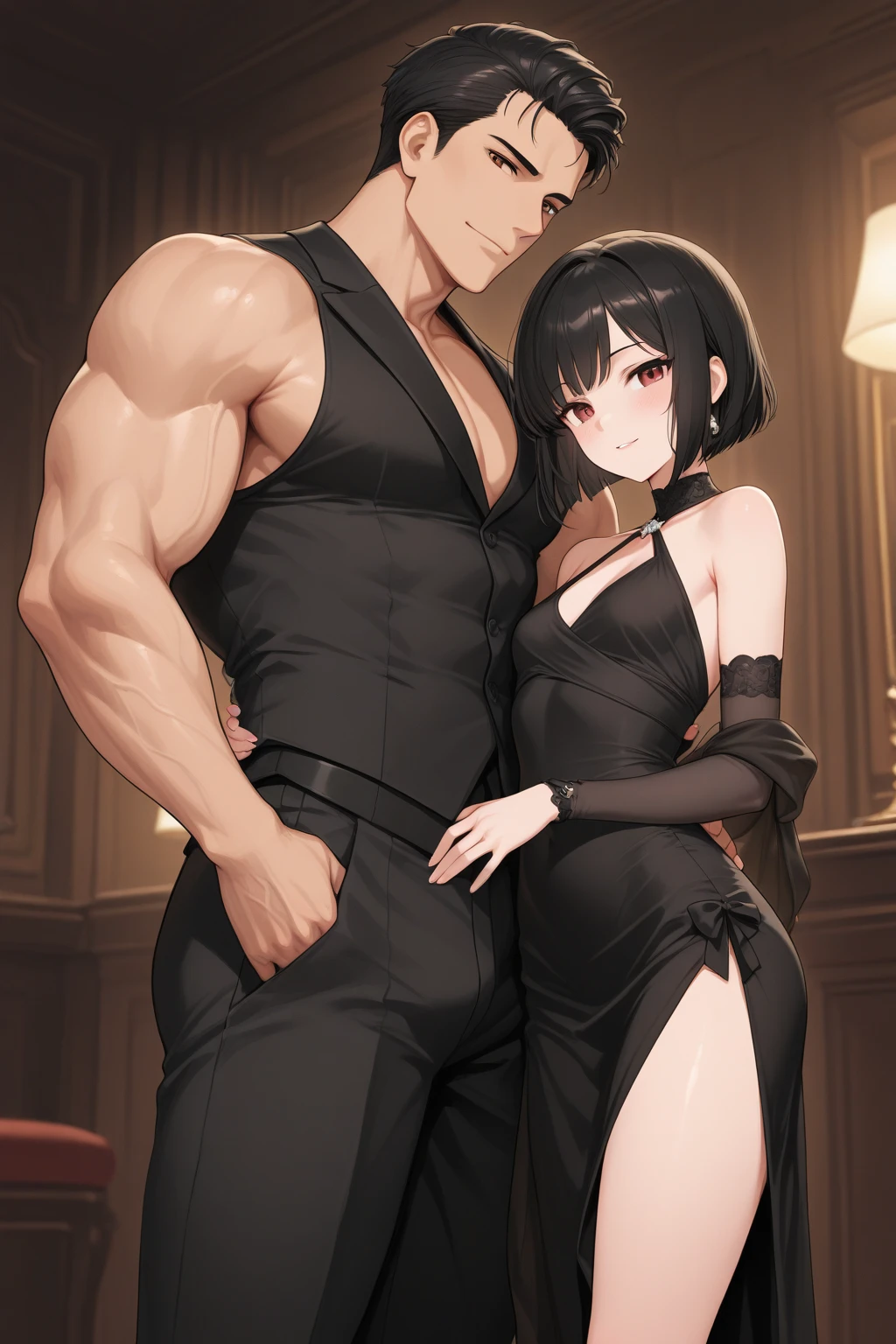 Photo of a 40-year-old Asian woman with brown skin and blonde short hair, sporting a fitness body and donning a long evening skirt, confidently stands side by side a muscular young man on an expansive stage. Both of them are posing with genuine smiles, capturing the essence of youthful vitality and mature seductiveness. Despite the nudity, their expressions are shamelessly inviting, creating a captivating and intriguing atmosphere.