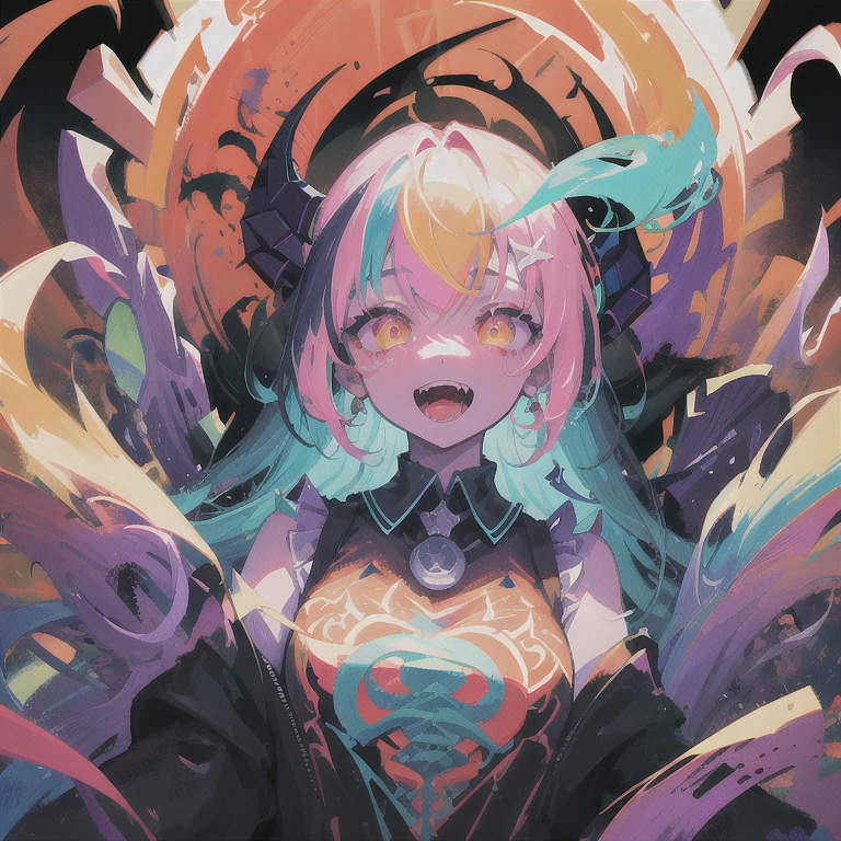 Close-up of a color painting of a large-mouthed demon, psychedelic laughing demon, Scary color art in 4 K, colorfully ominous background, psychedelic cosmic horror, hyper color digital art, bright colors highly detailed, Colorful explosions, Colorful horror art, Colorful film art, Colorful illustrations, Vibrant neon ink painting, scary detailed art in color
