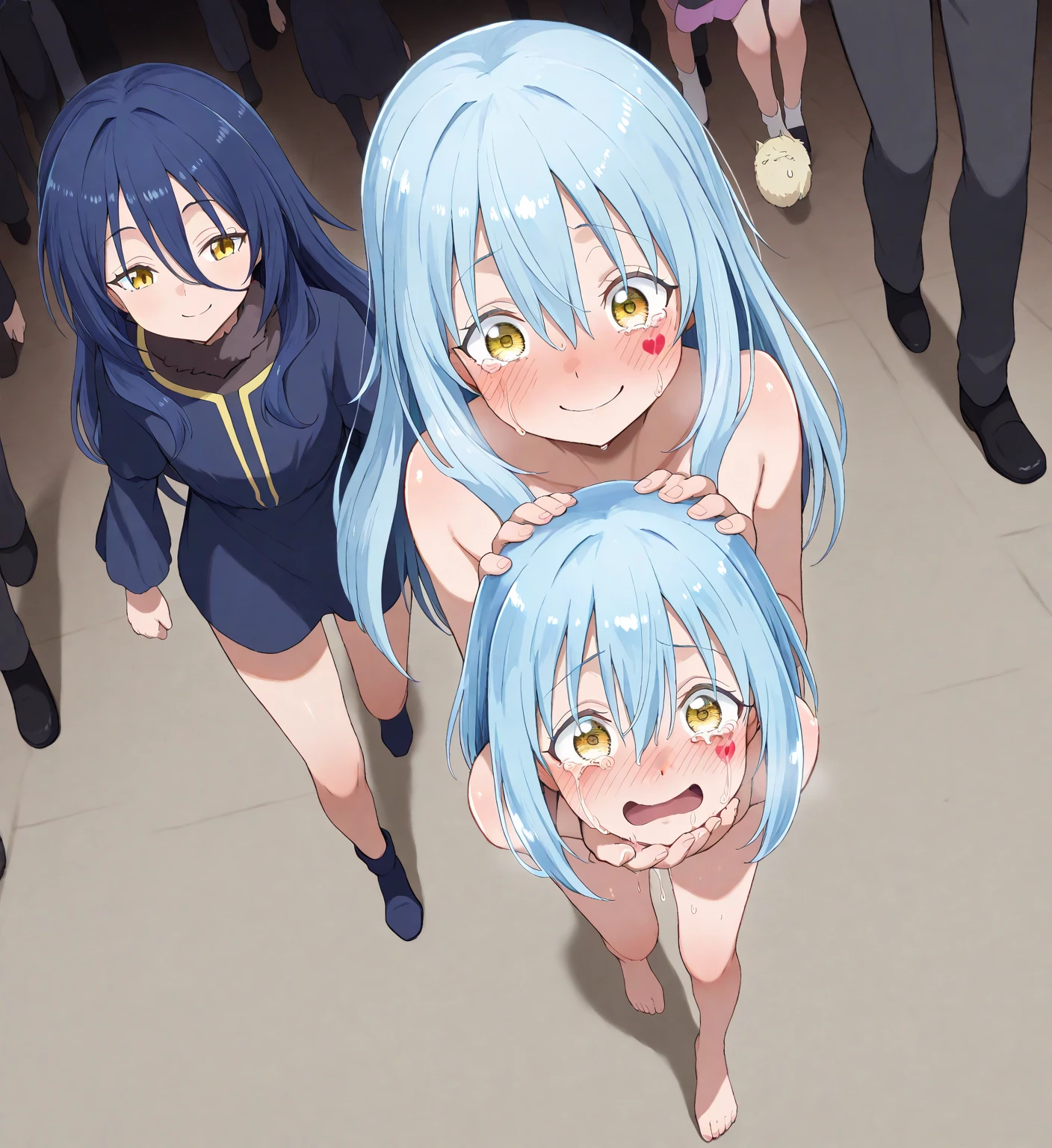 One Naked Girl、Being exposed on a bright stage、Crouching with legs apart、Knees up、Spreading her legs、Arms folded behind head、No clothing on、Expressionless and dead-eyed、The face is upbeat、Desperate look、Crying and screaming、Light blue hair、blue eyes、Standard Bust Size、Nipples、Pussy、Wearing a flower on her head、Condensed milk is poured all over the body、condensed milk on the face、Condensed milk on your hair、Being watched by many people below the stage