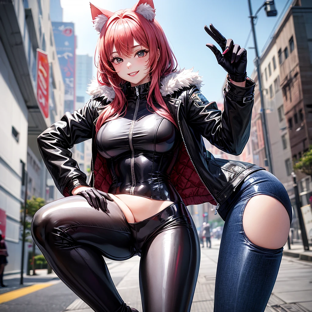 Meisterwerk, (realistisch), high-res, hochdetailliert, kompliziert, Beautiful women, rote Haare, blaue Augen, Sommersprossen, detailliertes Gesicht, looking at viewer, smile, Zero two, on all fours, from behind, big ass, great ass, red catsuit
