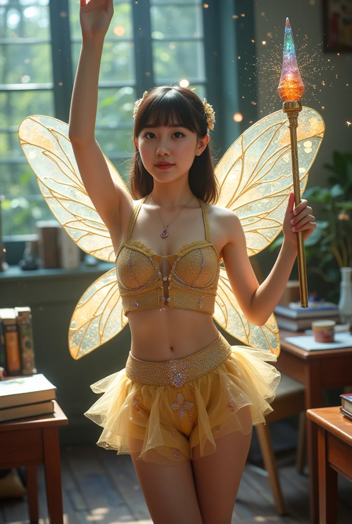 Female idol covered in butterflies、Tinkerbell、Thin fabric all over、Crystal Feather、Beautiful Feathers、A Chinese dress covered with butterflies（Pastel green and light blue）、White panties、Illuminate、Apparition