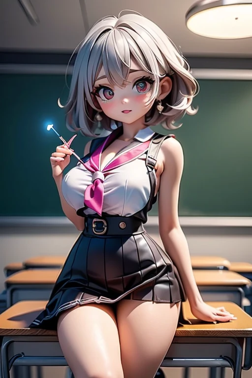 (Very detailed CG Unity 8K 壁紙),(masterpiece), (Highest quality), (Very detailed), (Best illustrations),(Best Shadow)、(Perfect and beautiful eyes)、(Detailed underwear)、1girl animal_ears arms_behind_head bare_legs black_leotard bow bowtie breasts brown_hair chalkboard classroom day desk detached_collar fake_animal_ears hawawa-chan_(Shiro_Same to you_shake) highleg highleg_leotard highres indoors large_breasts leotard original playboy_bunny purple_eyes rabbit_ears rabbit_tail school_desk Shiro_Same to you_shake short_hair solo strapless strapless_leotard tail traditional_bowtie wrist_cuffs
