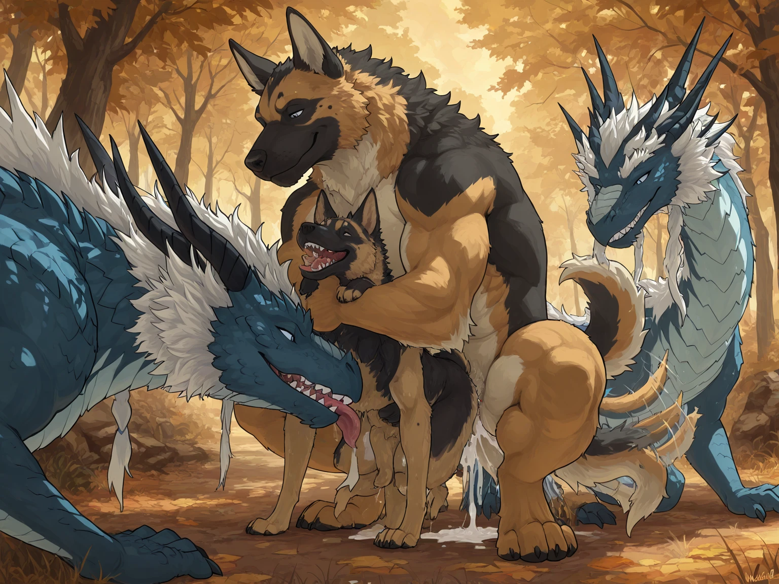 (((Masterpiece, highest quality, high definition, high detail, perfect eyes, accurate eyes))), (((German Shepherd, always dominant, always on top, distinctly feral))), (((Felkin, distinctly feral, always submissive, always on bottom/under, in absolute bliss))), absurd resolution, absurd quality, very high detail, 4k, 8k, best quality, big German Shepherd mounting and penetrating a Felkin, from behind position, shockingly violent humping, big balls, perfect balls, hanging balls, saggy balls, veiny balls, big bulky top, thrusting hips awfully hard, anatomically correct, anatomically correct genitalia, anal, anal knotted, anal penetration, large animal genitalia, large animal penis, bdsm, huge dom small sub, huge top small bottom, outdoors, forest clearing, black nose, blep, bodily fluids, bondage, bound, large canine genitalia, large canine ?????, claws, cum, cum in ass, cum inside, cum leaking, cum while penetrated, dominant, huge dominant male, drooling lots, duo, eyes open, feral, feral on feral, fur, genital fluids, large genitals, hands-free, giant knot, knotted, knotting, sunrise, male, male/male, small male penetrated, huge male penetrating, male penetrating male, muzzle (object), muzzled, open mouth, orgasm, penetration, large ?????, restrained, saliva, sex, violent sex, size difference, submissive, submissive male, tongue, tongue out, tail, tail fully visible,