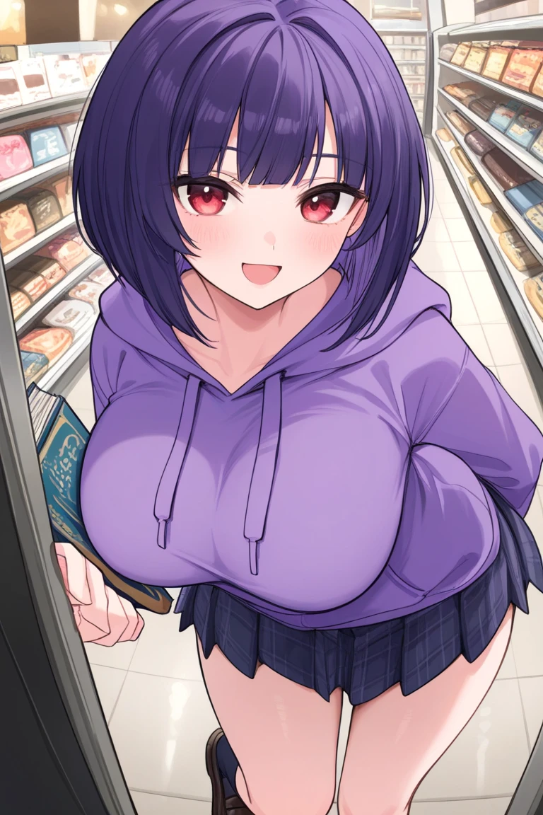 Haruna Sairenji, hair ornament, hairclip, (purple eyes:1.1), purple hair, short hair, swept bangs, (forehead:1.3),, empty eyes Running, wearing nothing, big anime eyes, , shiny hair, bare-skin, navel, the groin, BREAK in front of convenience store, large breasts、 Nipples, nsfw, ?????? , Heavy snowfall