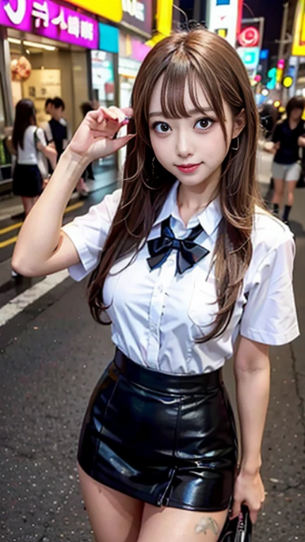 (((NFSW:1.3)),((I can see the pants)),((panty shot:1.3)),((skirt lift:1.3)),((panty shot:1.3)),((skirt lift:1.3)),((panty shot:1.3)),((skirt lift:1.3)),1 girl, single, alone, Beautiful woman、((I could see the whole body:1.3))、 ((middle wave hair, bangs, brown hair)), ((brown eyes, beautiful eyelashes, realistic eyes)), ((detailed face, blush:1.2)), ((smooth texture:0.75, realistic texture:0.65, realistic:1.1, Anime CG style)), perfect body,  (( white shirt)), ((black skirt:1.3)), 1 girl,(highest quality,4k,8K,High resolution,masterpiece:1.2),1 Beautiful woman,18-year-old,35mm lens,f/1,considerable breasts,soft sunlight,bright colors,playful expression
