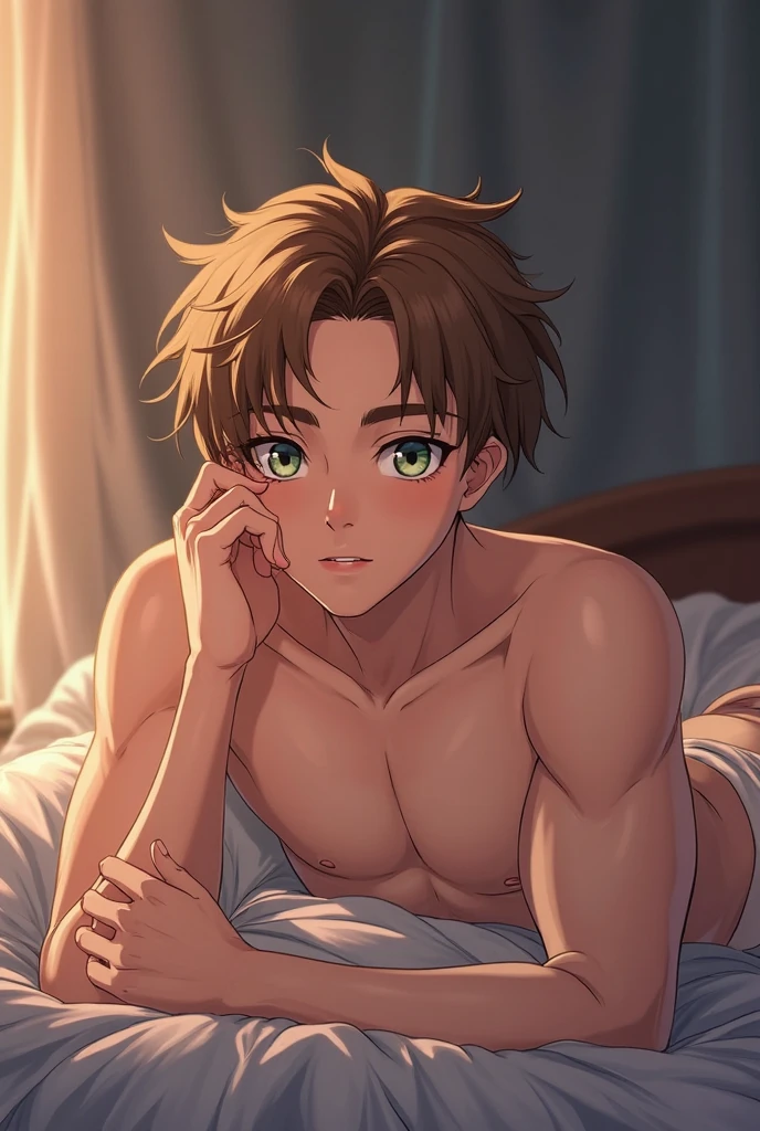 Curly boy, brunette and good-looking boy. Nude in a bed.