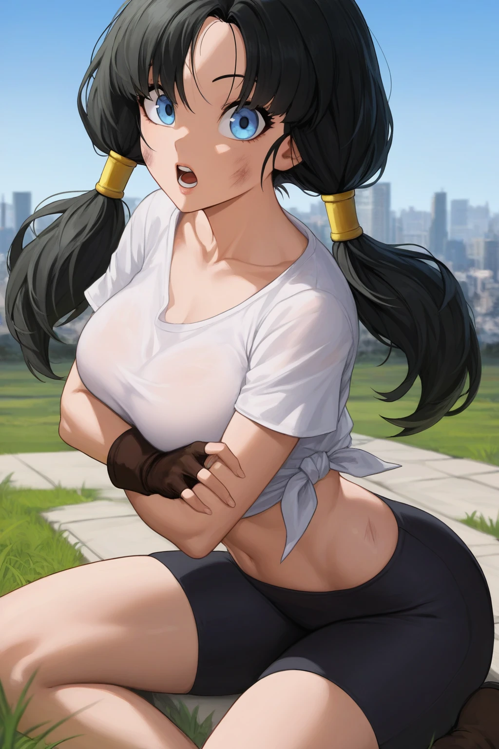 twintails, 1girl, best quality, forest, dynamic lighting, biker shorts, angry