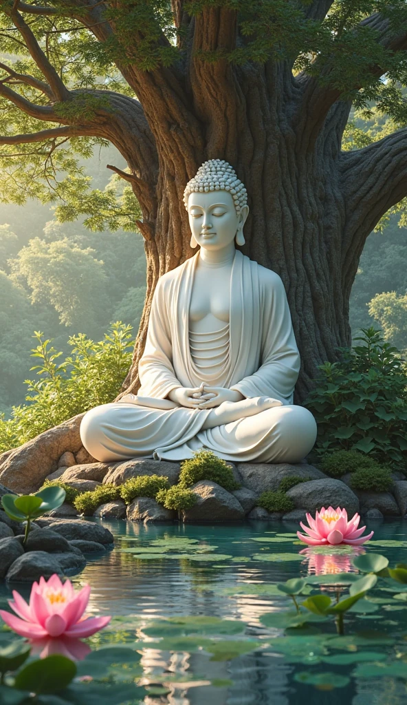 In a small park, a small Buddha statue sits quietly in a green area. The place where the Buddha statue is located is actually a peaceful place. People stop and pray around the Buddha statue, seeking inner peace, (best quality, masterpiece, photorealistic), very aesthetic, perfect composition, intricate details, ultra-detailed, vivid colors