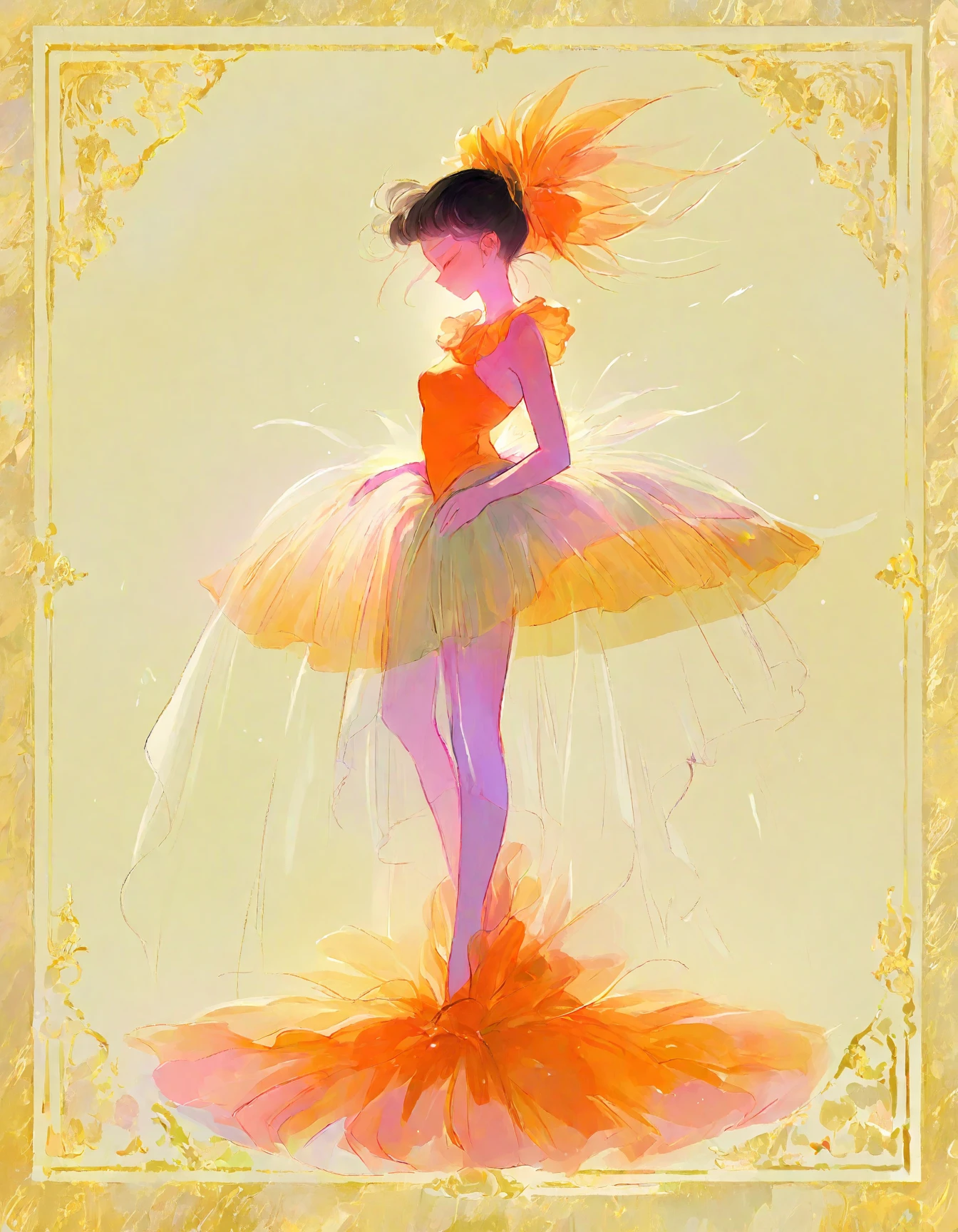 Create a fashion sketch of a tutu ballerina imitating a bird with feathers on her arms and colorful sparkles and embroidery on her clothes