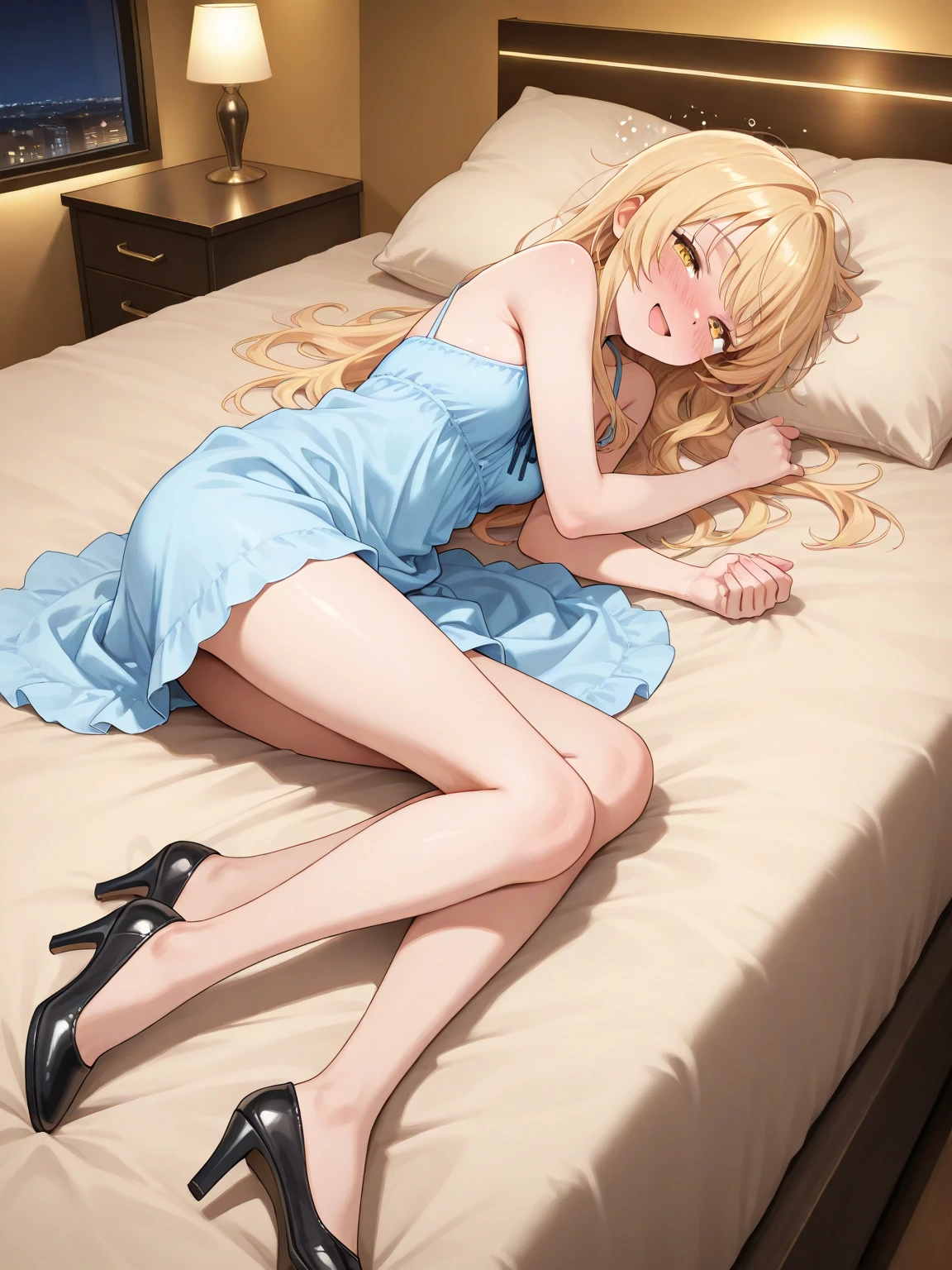 1 blonde girl with blue eyes, undressed on a pink bed in a house