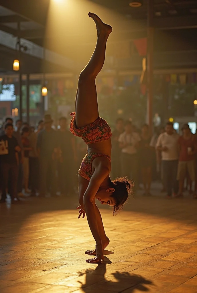 (best quality,4k,8k,highres,masterpiece:1.2),ultra-detailed,(realistic,photorealistic,photo-realistic:1.37),Capoeirista,flag of Maranhão,energetic,movement,dynamic,detailed,athletic,skilled,graceful,agile,expressive,strength,flexibility,capoeira roda,traditional Brazilian martial art,acrobatic kicks,acrobatic movements,complex flips and spins,cultural symbol,proudly holding the flag,Green and yellow color scheme,joyful expression,colorful costumes,urban setting,street art,mural in the background,dynamic light and shadow,high contrast,soft lighting,impressive perspective,exciting atmosphere