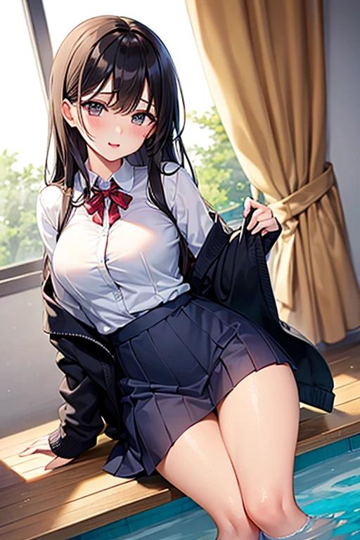 A 14-year-old middle school girl with long black hair wearing a school uniform who lifts up her skirt to reveal white panties.