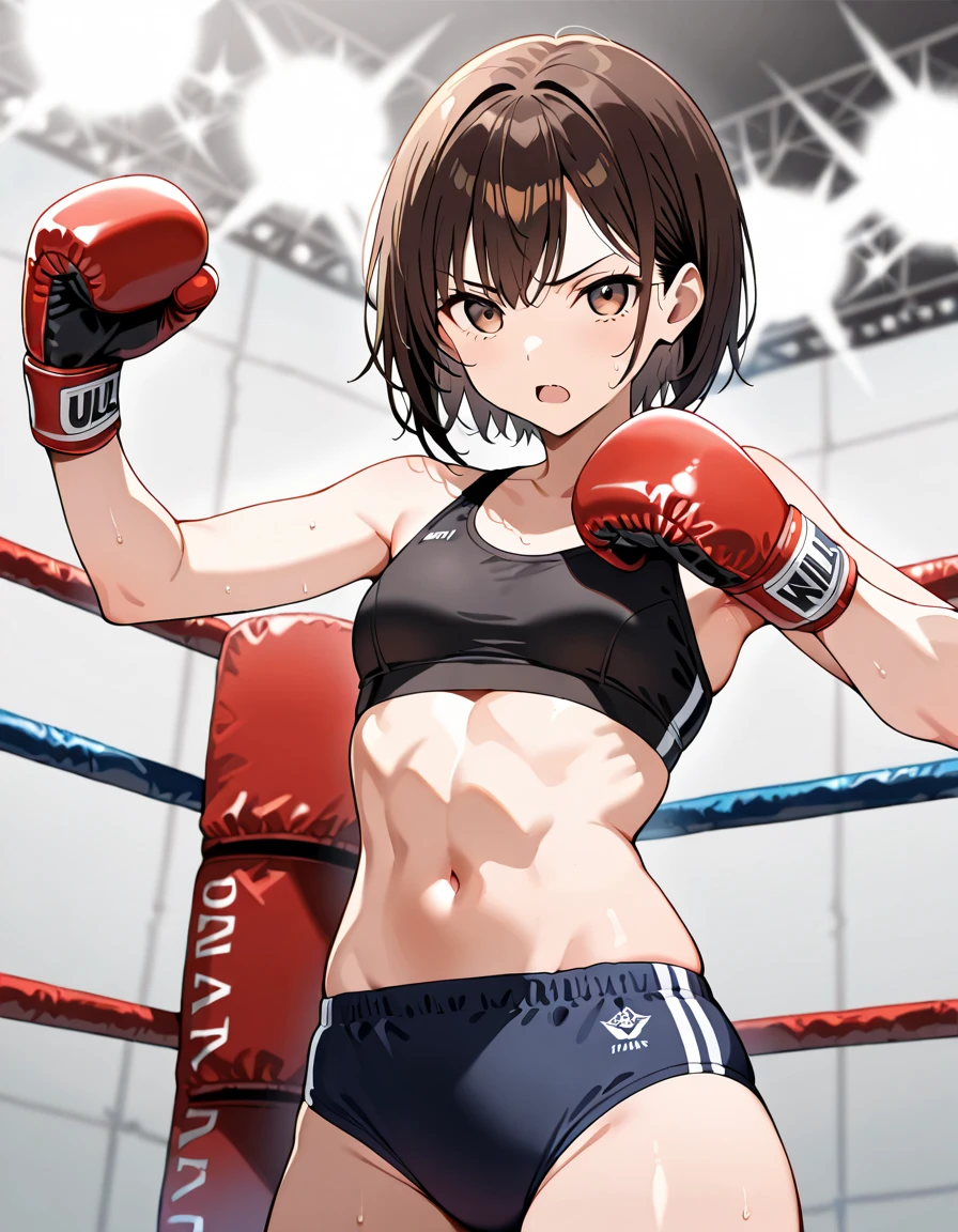 {{masterpiece}}, {{{best quality}}},{{ultra-detailed}}, {{illustration}},fingerless gloves,,cowboy shot,A woman with long hair who is 180cm tall,Athletic body、{{Female boxer}}, ,{{hand on own chest:1,6}}{{A tall, mature woman:1.4}},anxiety、lace camisole、BLACK dolphin shorts、boxing、Fighting Pose、{{critical situation:1.6}}.、boxing ring、},{{She seems to be struggling to breathe.:1.4}},,{{v-shaped eyebrows}},A tense look,blush,Sweat,defensive posture,Dynamic composition,dutch angle,long Hair、ponytail,Brown Hair、Blunt bangs ,Medium chest、boxer,、fingerless gloves,short boots,cheering crowd