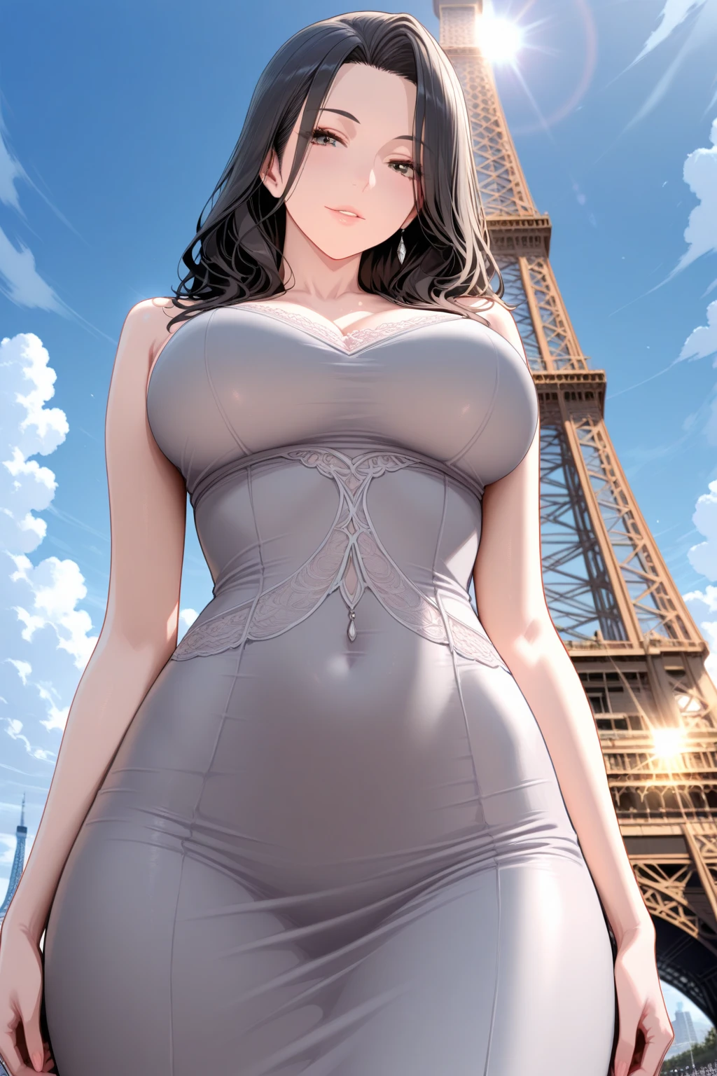one Rebecca wearing black clothes, long brown hair, blue eyes, sexy hourglass figure, standing next to the Eiffel Tower, [ 4 k digital art ]!!, seductive anime girl, deviantart artstation cgscosiety, trending on cgstation, 8k high quality detailed art, photorealistic anime girl render, kawaii hq render, commission for high res, thicc