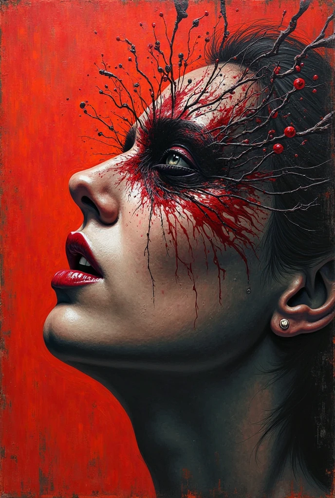 Draw a face covered in blood,Male organism, massacre, Science fiction - the art of horror fiction, A female head grows on the arm,