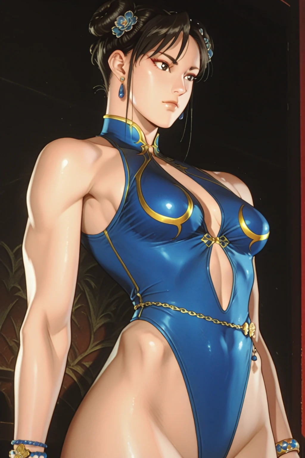 Natasha, with her long, round hair in short braids, is standing blushing with her hands on her hips in an orange high-cut leotard that reveals her shoulders and thighs.。