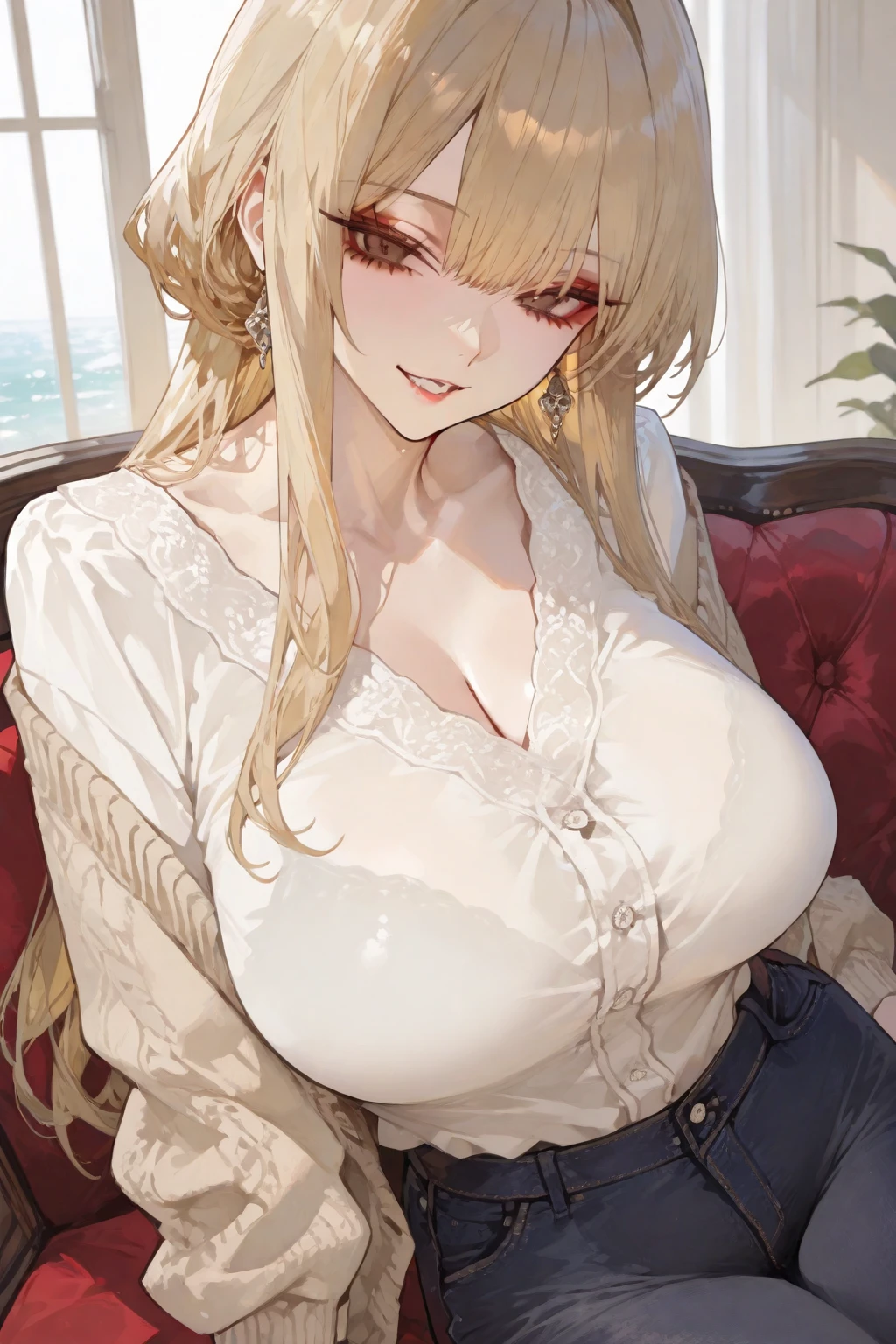 A woman with big ，Gorgeous woman，((Exposed))，Expose，Transparent chest，Open chest sweater，Long blond hair，Exquisite，Smooth legs，rose Garden，Laughter，