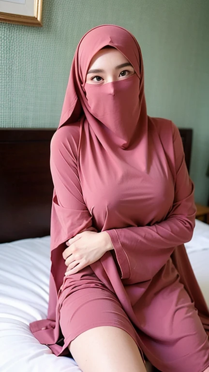  a beautiful young woman hijab, (((big breast))), (big breast covered), (Big breast), bare breast, perfect face, (((big breast,))), ((( Big Breast))) , pink long maxi dress chiffon, wide waist, (((covering mouth, long veil))), Slim Face、18 years old, stil young, grab her breast, thighs emphasis, smile eyes, stand up, (big breast covered) , detailed bathroom, fat belly, fat vagina, plump short body, waist shot, accentuate your waist, squatting, view from below, lift your dress