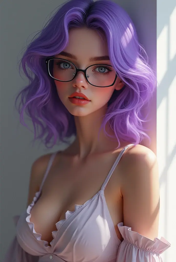 a sexy woman big breasts athletic body thick thighs wearing denim shorts and pink hair pink lace bra  usando óculos 