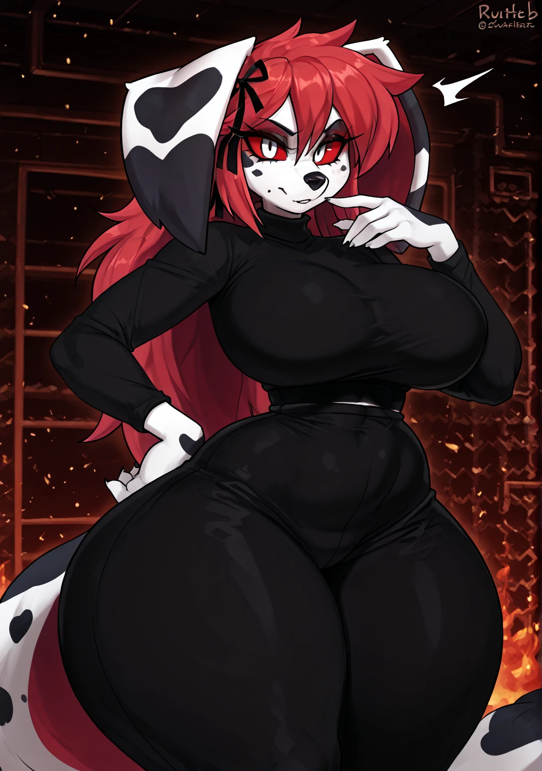 Auntie Vixen v4, 1girl, solo, hair bun, sweater, tight jeans, furry, fox anthro, big breasts, black body, black fur, breasts, cleavage, clothed, clothing, collar, cross, eyewear, female, fully clothed, fur, glasses, hair, hair over eye, mature anthro, mature female, red body, red fur, red hair, red ears, black ear tips, white body, white fur, wide hips, black furred hands