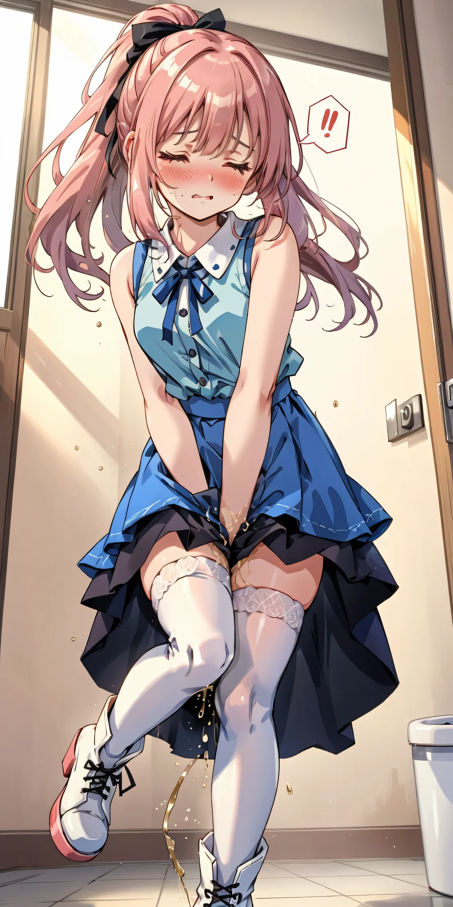 (ultra-detailed, best quality, detailed face, anatomically perfect body), (parted lips:1.6), shiny skin, (1 girl), dwarf, medium, (have to pee, very desperate to pee, have to pee:1.3), took in restroom, door, standing, (smock blouse:1.3), (long skirt:1.4), (pumps, low ponytail:1.3), (have to pee:1.4), (knees together and feet apart:1.3), (Rub each other's thighs:1.4), (one hand between legs), (leaning forward), (rubbing crotch:1.5), (girl can't stand up straight), (constricted pupils:1.2), (Distort the face, sad:1.4), (blush:1.5), (embarrassment:1.7), flowing sweat, (breathless:1.5), (thin eyes:1.6), (looking away:1.4), (full body:1.2), (top of stairs:1.2), (from below:1.4), (from side)