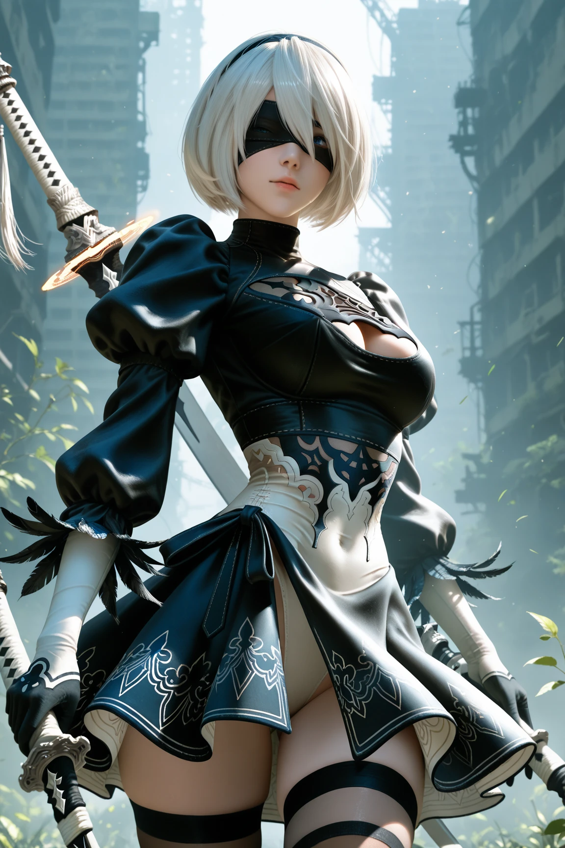 (detailed full body RAW photo of yorha no. 2 type b), solo, masterpiece, best quality, ultra highres, photorealistic, 8k resolution, professional lighting
18 year old, smiling, nier automata, detailed realistic skin, (detailed large bluish gray eyes), (detailed beautiful face:1.6), detailed fluffy hair, hair between eyes, (skinny and fit body:1.3), (long black gothic dress with black skirt:1.2), cleavage cutout, (black Juliet sleeves), (black long puffy sleeves with feather trim), (white opera gloves:1.6), (black hairband:1.2), thighhighs, thigh boots, (holding katana in right hand:1.2), (black belt tied on waist:1.3), (white leotard:1.6)
detailed background, plants among ruined buildings, post-apocalypse
<lora:2bNierAutomataLora_v2b:0.5>