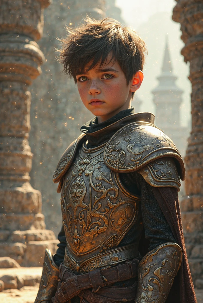 A boy with a breastplate and armor and black hair 