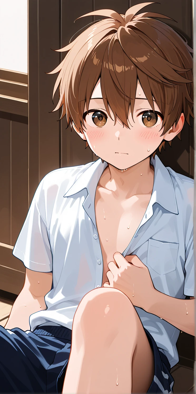 6 year old Japanese gay boy with brown hair&Gay men, whole body, Tight upper body tank top、The lower body is a garter belt,Brown skin, [See-through clothing], between legs&bulge、Pissing in the toilet,With a smartphone in hand, View from below, Embarrassed face、Eyes are hearts、Wink