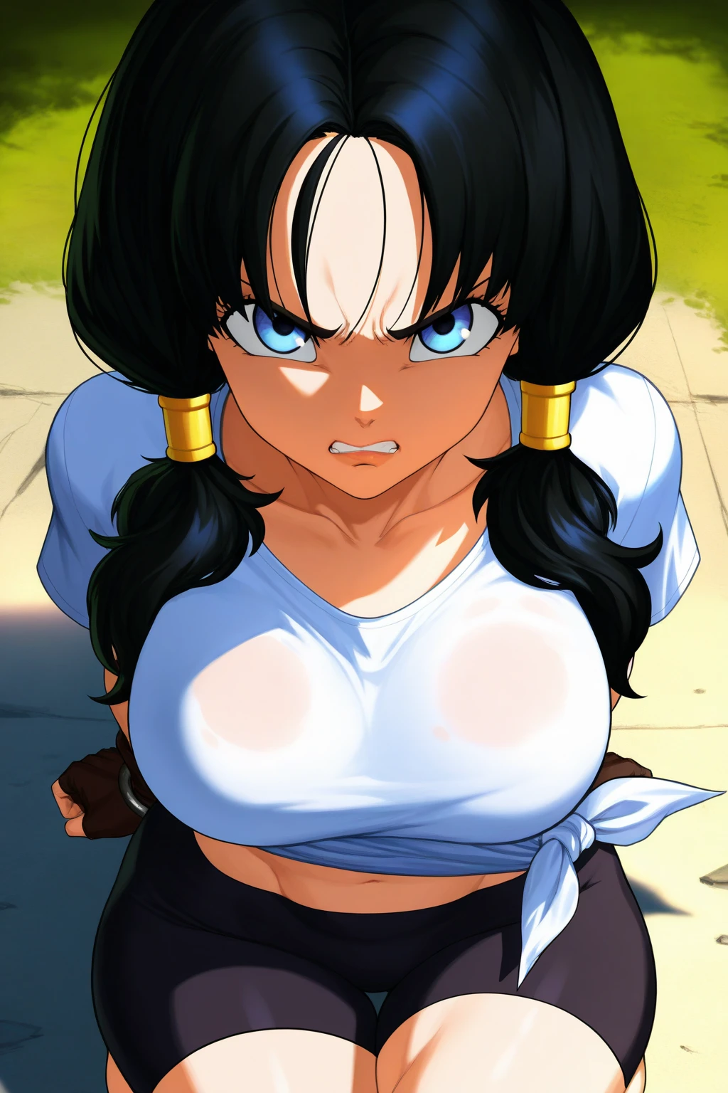 masterpiece, best quality, highres, videl2, solo, blue eyes, black hair, twintails, black gloves, bangs, frown, hand on hip, leaning forward, pointing at viewer, large breasts, Nsfw, POV, hands on the hips, Giant breasts, huge breasts, big tits, puffy and round breasts, Videl's two hands on her waist, micro bikini, White bikini, thong vstring, Voluptuous body, wide hips, big thick legs, thick thighs, sexy legs, 