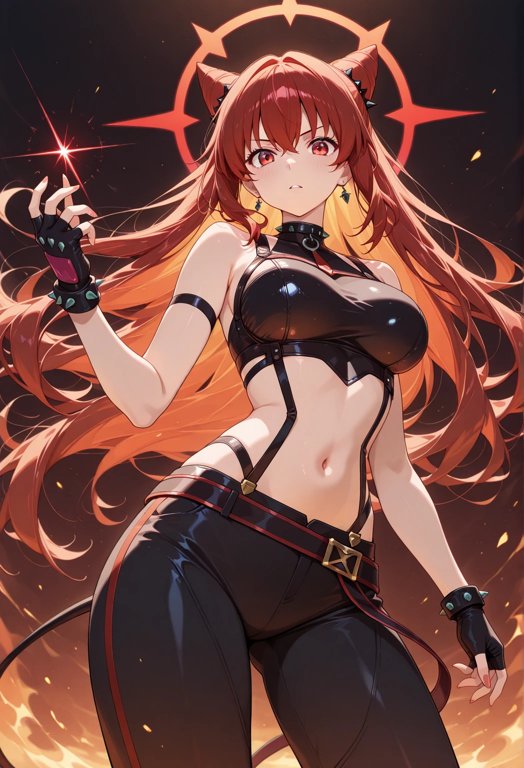 Vulpe woman, orange hair,  fox ears, fox tail light skin, curvy, black choker, round shape face, tareme purple eyes