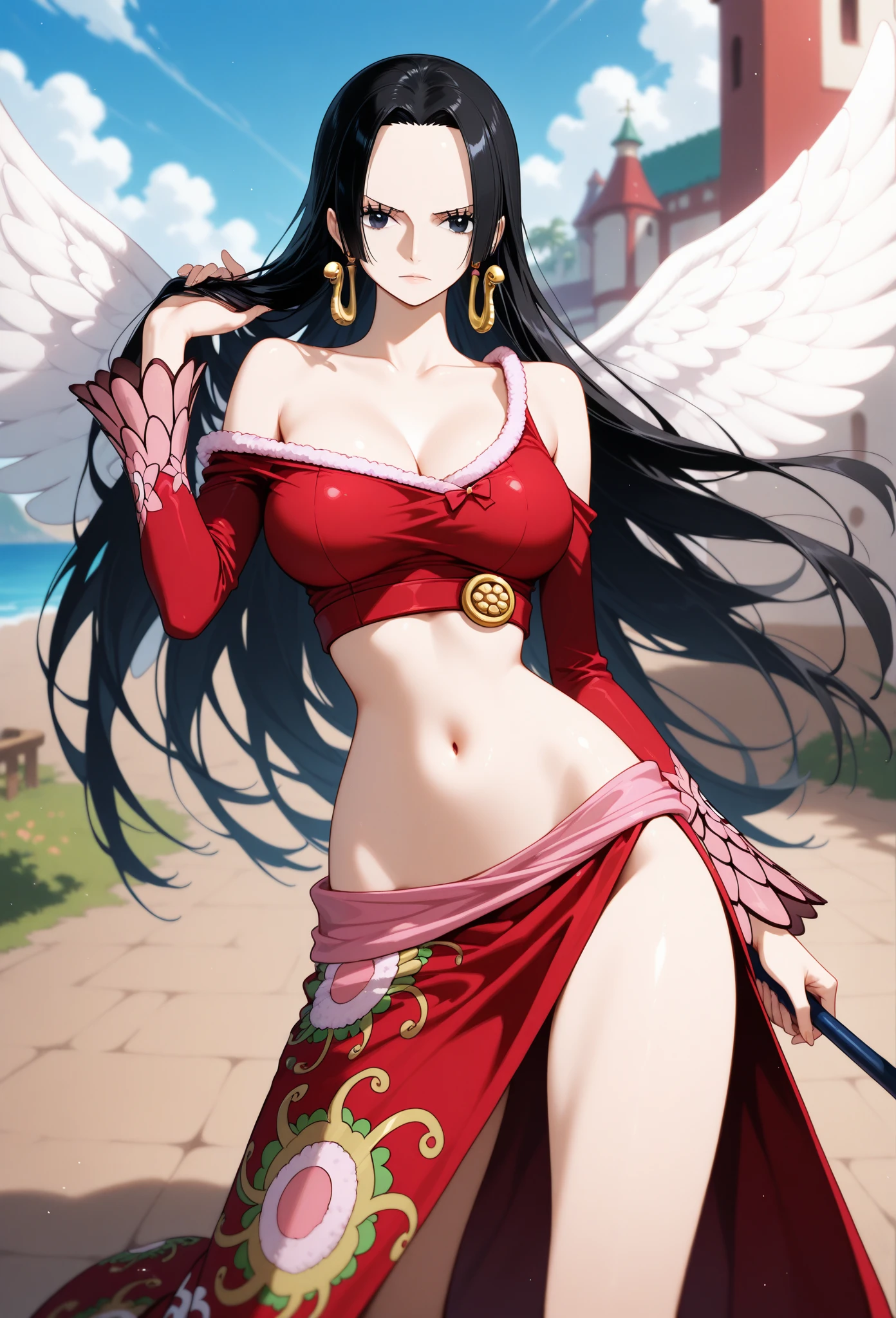 Anime, Japanese woman, traditional Japanese clothing, yellow eyes, black hair, translucent ivory wings behind her, maroon dress, olive green hakama, large breasts, long hair parted in the middle