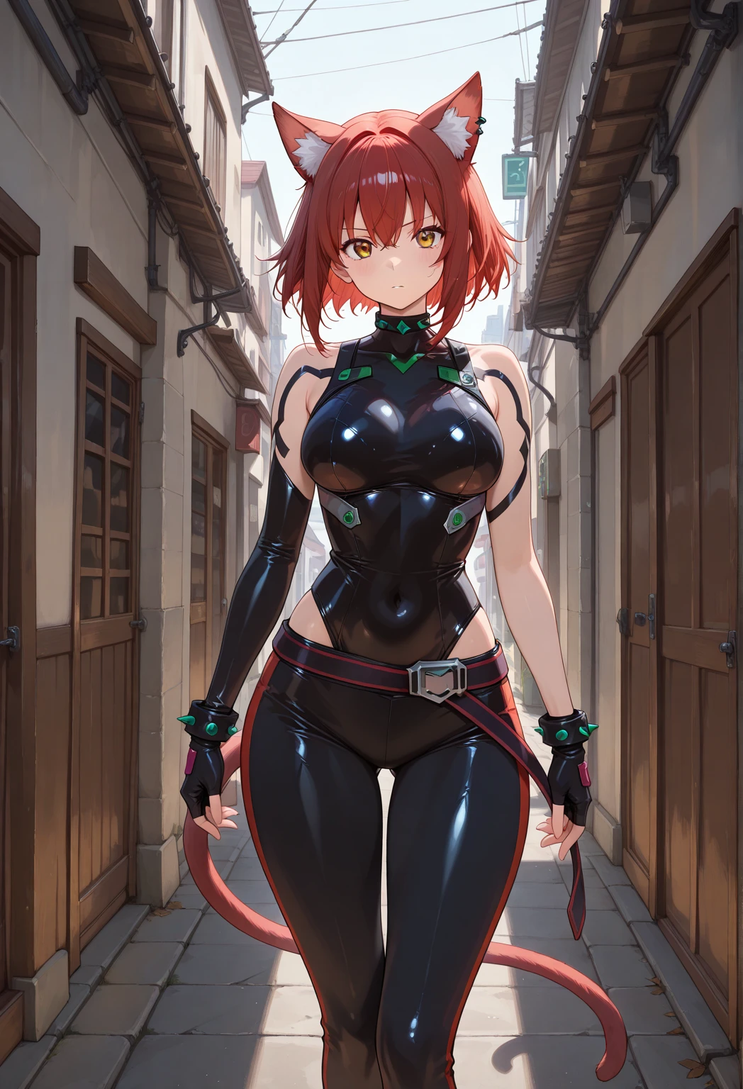 masterpiece, best quality, absurdres, YuukiNinjaWars, cat ears, tail, short hair, headband, bodysuit, shoulder armor, gauntlets, claws, knee boots, :3, smile, indoors, standing, <lora:CHAR-YuukiNinjaWars:1>