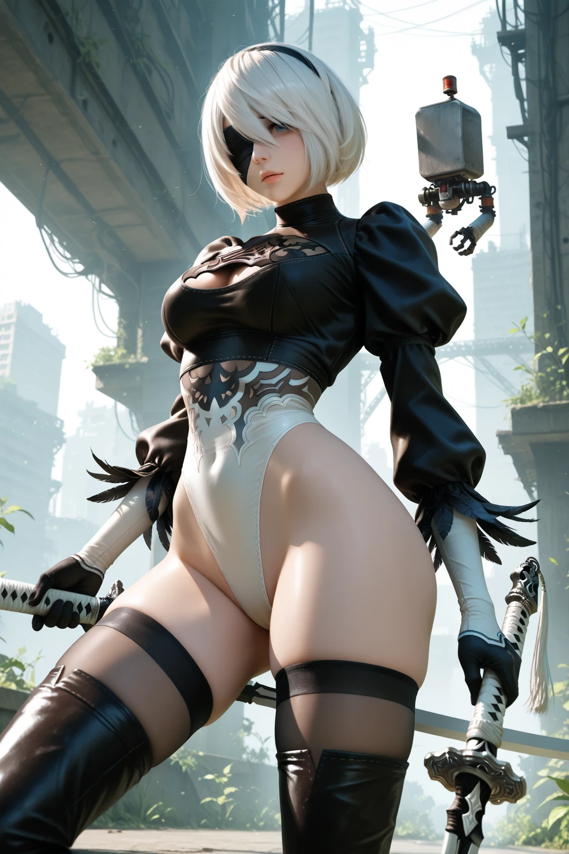(1girl), 2B \(NieR:Automata\), character 2B from NieR:Automata with blindfold, good anatomy, masterpiece, high resolution, high res, high quality, full body image, destroyed city scape background, ((((big breasts, big ass, thick thighs, super realistic, super detailed)))), ((image from front between thighs, pov ground floor front facing, pov between thighs looking upward,squatting, ass resting on heals)), (((wielding NieR:Automata sword with one hand, sword stuck in the ground))), defined cameltoe, wet,