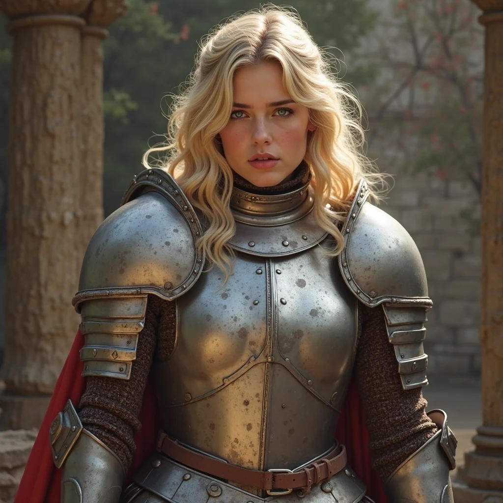 (Cinematic Film Still), European woman, tomboy, solo, short blonde hair, serious expression, beautiful hazel eyes, skimpy medieval steel plate armor with chainmail, in front of a pub in a medieval village, athletic physique, highly detailed skin, crepuscular rays, shadows, crisp image, medium depth of field, natural lighting, [reflective armor], 50mm, F/4 prime lens, (extremely detailed), film grain, Kodak Portra 400, soft focus, medieval film still, authentic, cowboy shot