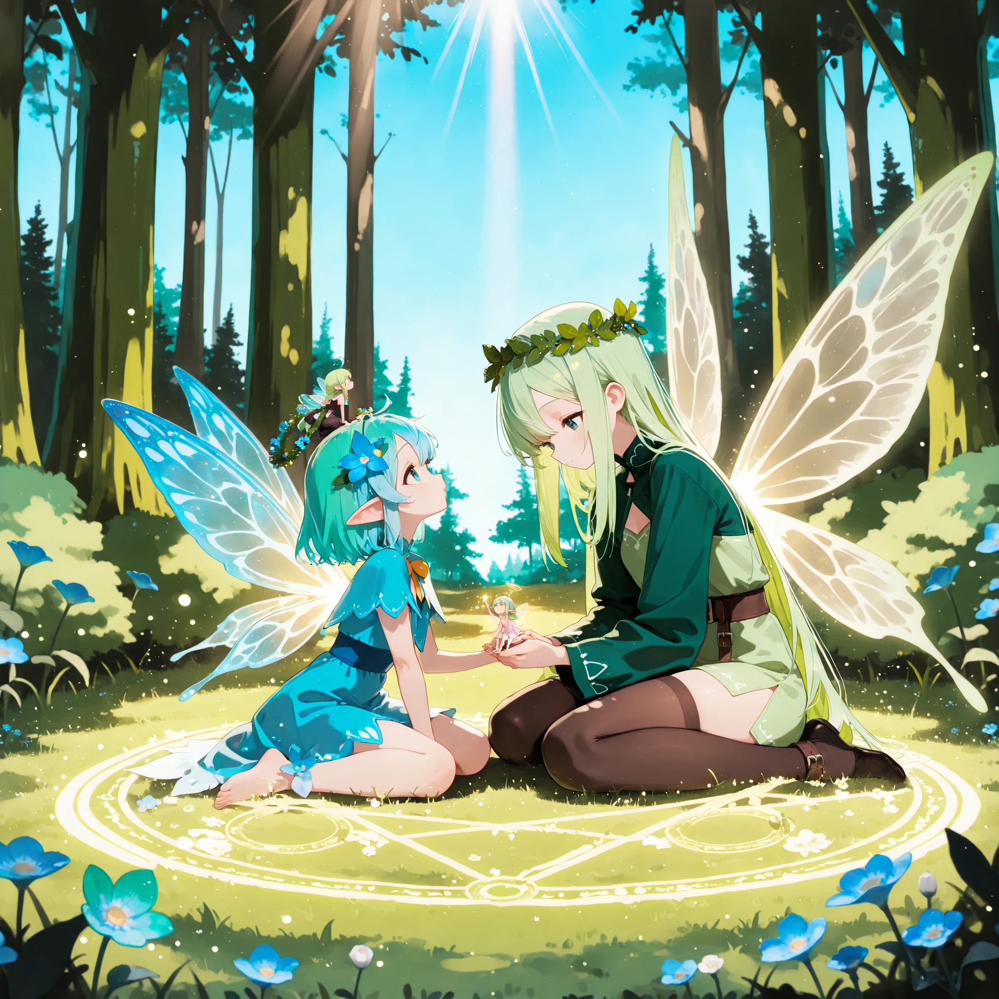masterpiece, best quality, ultra detailed, magical forest, soft sunlight, two fairies, facing each other, sitting on the ground, holding hands, (taller fairy with long light green hair:1.3), gentle expression, looking down at the small fairy, wearing a dark green top, black belt, dark brown stockings, large pinkish wings, (smaller fairy with bright sky blue hair:1.3), cute expression, looking up at the taller fairy, wearing a blue and white dress, blue and sparkling wings, a small flower and leaf wreath on her head, delicate pink glowing magic circle on the forest floor, green grass, blue flowers, lush trees in the background, sfw