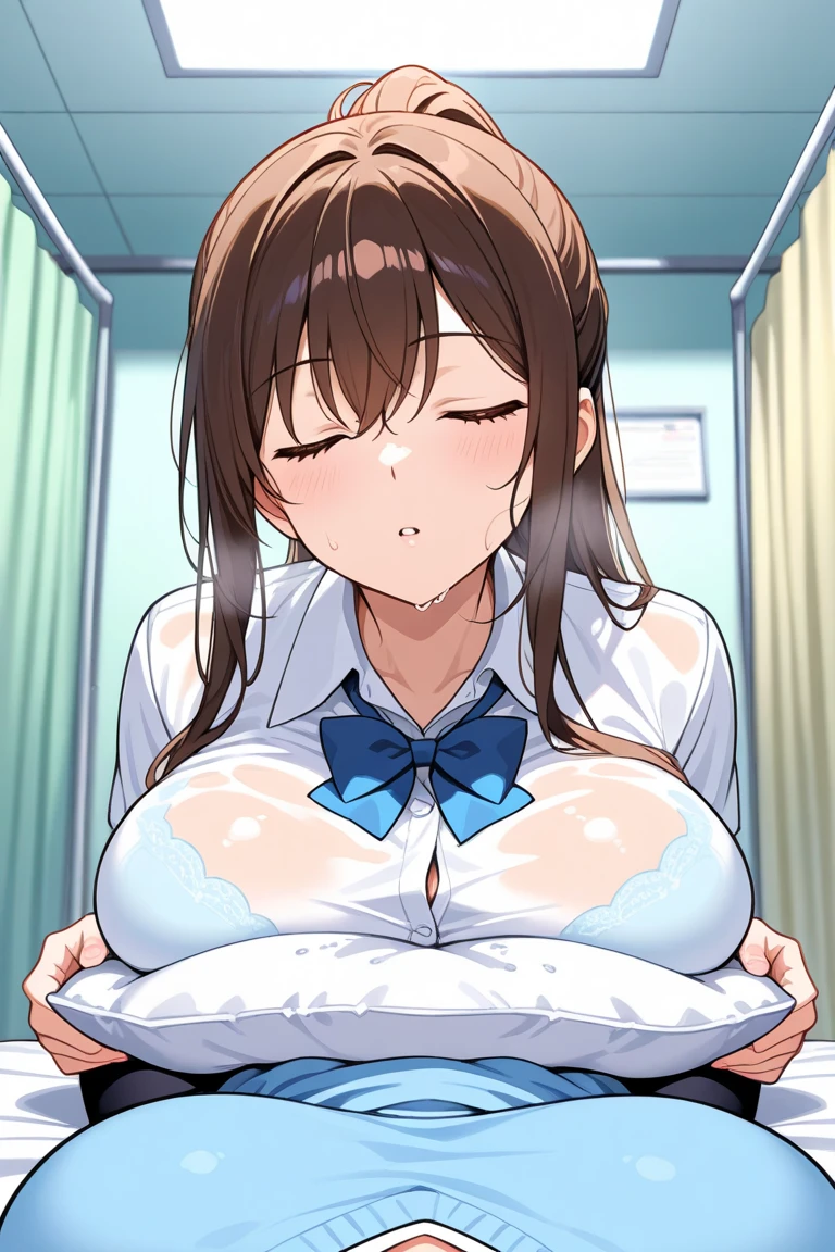 masterpiece,best quality,high resolution,POV paizuri LoRA,1boy, breasts, paizuri, ?????,exposed ????? penis, breasts ???????, ????? is between breasts, ????? in breasts, breast squeeze, ??? facial, ??? to mouth,dentist's sister、Background of the examination room