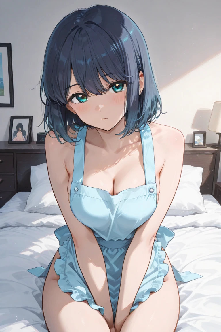 masterpiece, highest quality,masutepiece, 8K,ultra-detail,girl, ((naked apron)), Blue Hair Ribbon,
(16 years old), large boob,
short hair, black hair, blue eyes ,bedroom,on the bed,On back,whole body,spread legs,embarrassing,nipple,No underwear,