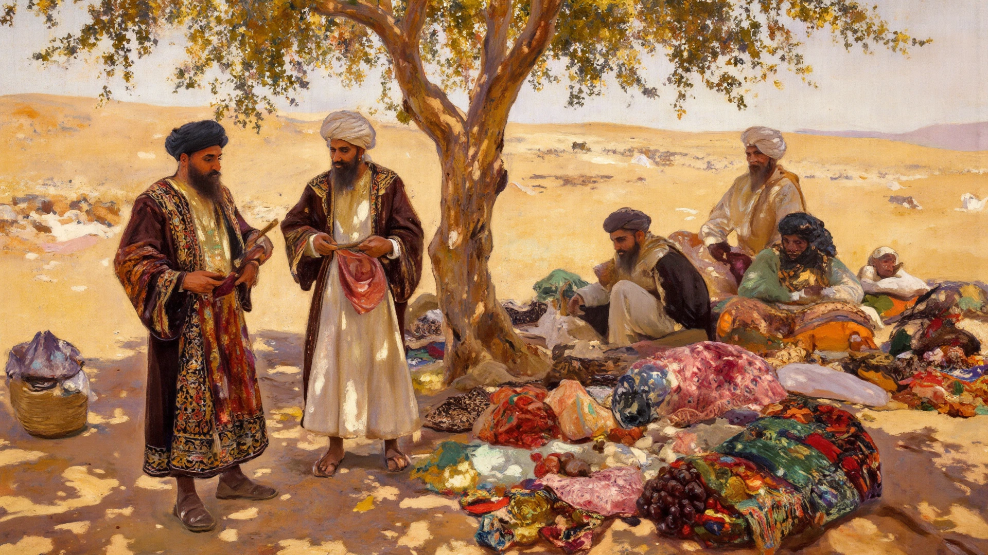 there are many people that are looking at a colorful rug, persian folklore illustration, persian folktale artstyle, persian folktale art style, in style of kyrill kotashev, by Abdullah Gërguri, by Hermenegildo Anglada Camarasa, by Vladimir Borovikovsky, by Abram Arkhipov