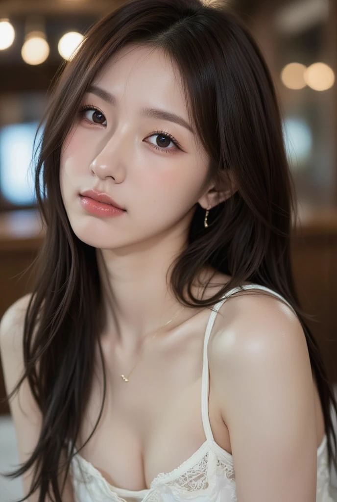 Wearing only one long shirt、(Deep cleavage:1.1)、small tits、top-quality、​masterpiece、illustratio、extremely delicate and beautiful、ighly detailed、CG、unity、8k wallpaper、astonishing、finely detail、Highly detailed CG Unity 8k wallpapers、huge filesize、ighly detailed、hight resolution、Handsome detail woman、extremely detailed eye and face、Great detailed eyes、Facial light、 (Best Illustration:1.1)、(Best Shadow:1.1)、超A high resolution、(photoRealstic:1.1)、(photoRealstic:1.2:1.1)、Realistic facial proportions、A slender、a smile、(makeups:0.4)、(fluffy black eyes:1.21)、black eyes、see the beholder、dark brown hair、耳环、a necklace、hair pin、cowboy  shot、(Irregular irregular skin defects、vein、Wrinkled pores on the skin:1.2)、(Dark night background:1.2)、(bokeh dof:1.4)、Laughing、