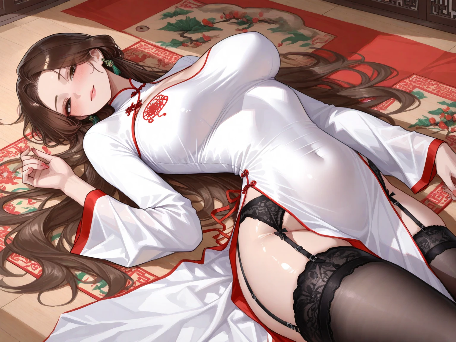 A tragic historical drama in 8k live-action style: Beautiful palace secrets A beautiful 10-year-old Chinese Kung Fu princess with long black hair is being examined by a doctor Gorgeous embroidery, Ultra glossy, She is wearing a shiny red top and bottom long sleeve floral pajama kung fu suit.... She lies on a floral duvet and shows her pussy to the doctor