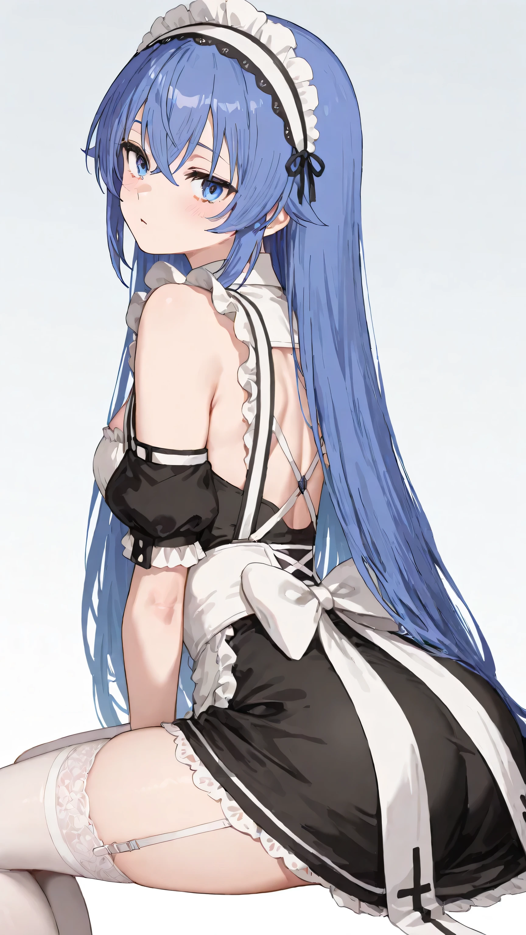 4k, wallpaper, HD, masterpiece: 1girl,
1girl, 1gril
clear, round aqua blue eyes with sharp detail, luminous pupils, soft lashes
Roxy Migurdia from Mushoku Tensei, sitting with her back turned slightly, glancing over her shoulder with a seductive and confident expression, wearing a revealing black and white maid outfit: short frilly skirt with sheer transparent lace showing the thighs and part of the buttocks, open-back design with a large white bow tied at the waist, tight-fitting low-cut top emphasizing cleavage and bare shoulders, white headband, long straight hair, white thigh-high stockings held by garters, soft shadows and realistic fabric detail, highly detailed anime art, plain white background, vertical 9:16 format