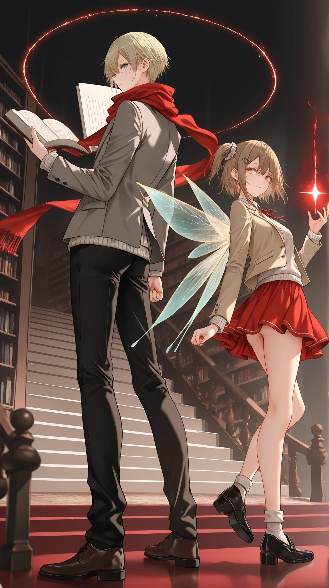 dark_art_style,dark_light_style,artist:kazutake_hazano, artist:danimaru,[artist:ask_(askzy)], artist:wanke, artist:wlop, artist:fujiyama, artisit:yuyu_(yuyuworks)，artist:hiten_(hitenkei),atrisit:dishwasher1910,in style of ashley wood,in the style of Alex Hirsch,in style of American McGee, ruteko_(ruko220) original highres
kannatsuki_noboru magical_explorer katou_rina takioto_kousuke absurdres highres official_art second-party_source 1boy ,1girl ,ass, bare_legs, black_pants, blue_eyes, book ,bookshelf, brown_hair, dress_shoes ,grey_jacket, hair_ornament ,hair_scrunchie, hairclip  jacket  library, light_trail, long_scarf, medium_hair, miniskirt, neck_ribbon ,novel_cover, pants, reading, red_scarf, ribbon ,scarf, scrunchie, short_hair ,side_ponytail, skirt ,smile, stairs ,sweater, yellow_eyes,
 clenched_hand ,cover ,cover_page,,holding, holding_book,(leaning_back, leaning_on_object, looking_back, magic,standing) , (fairy fairy_wings ice ice_wings,ice magic,(hand up,hand down,floating pose)),