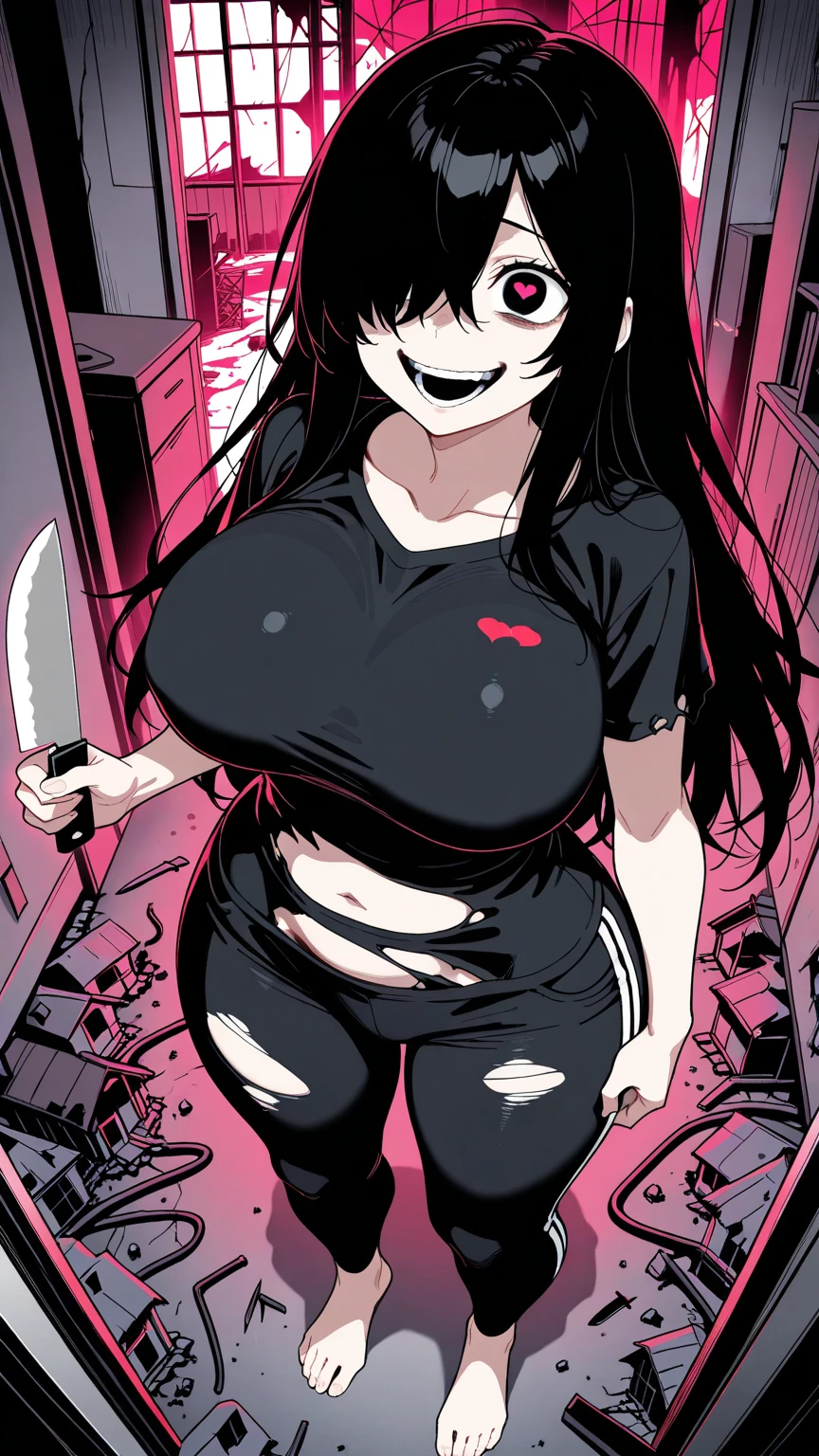 1girl with long black hair, big breasts, green eyes, smirks, black bra, black skirt, paint on skin, street art on background, skirt get up, no panties, show pussy, hairy pubes