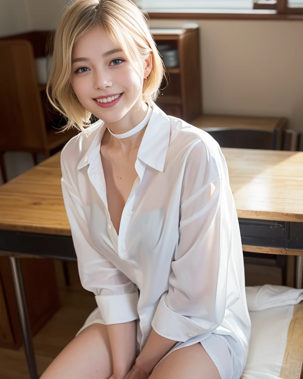 (best quality, 4K, 8k, highres, masterpiece:1.2), ultra-detailed, (realistic, photorealistic, photo-realistic:1.37), hyper detailed, extremely detailed, intricate details, sharp focus, physically-based rendering, professional, vivid colors, studio lighting、Japanese High School Girl、Natural Makeup、(blond)、middlehair、Inward curl、White shirt、Open shirt、Emphasize cleavage、side boob、under boob、flat breasts