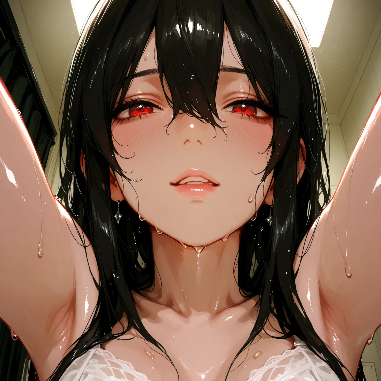 absurderes、masterpiece、top-quality、realisitic、Hyper-detailing、(skin gloss、Sweatiness:1.4)、(One Woman、Hair is soaked、hyperdetailed body、hyperdetailed face)、(Upper body naked、Panties underneath)、(Thigh:0.5)、动态照明、hight resolution、foco nítido、depth of fields、((small tits、very slender body、thin neck、skinny thigh)),(open open mouth、Stick out your tongue、red blush、embarassed expression、Staring at the viewer)、(Gonzo、Half body shot)、(inside in room、Background blur),