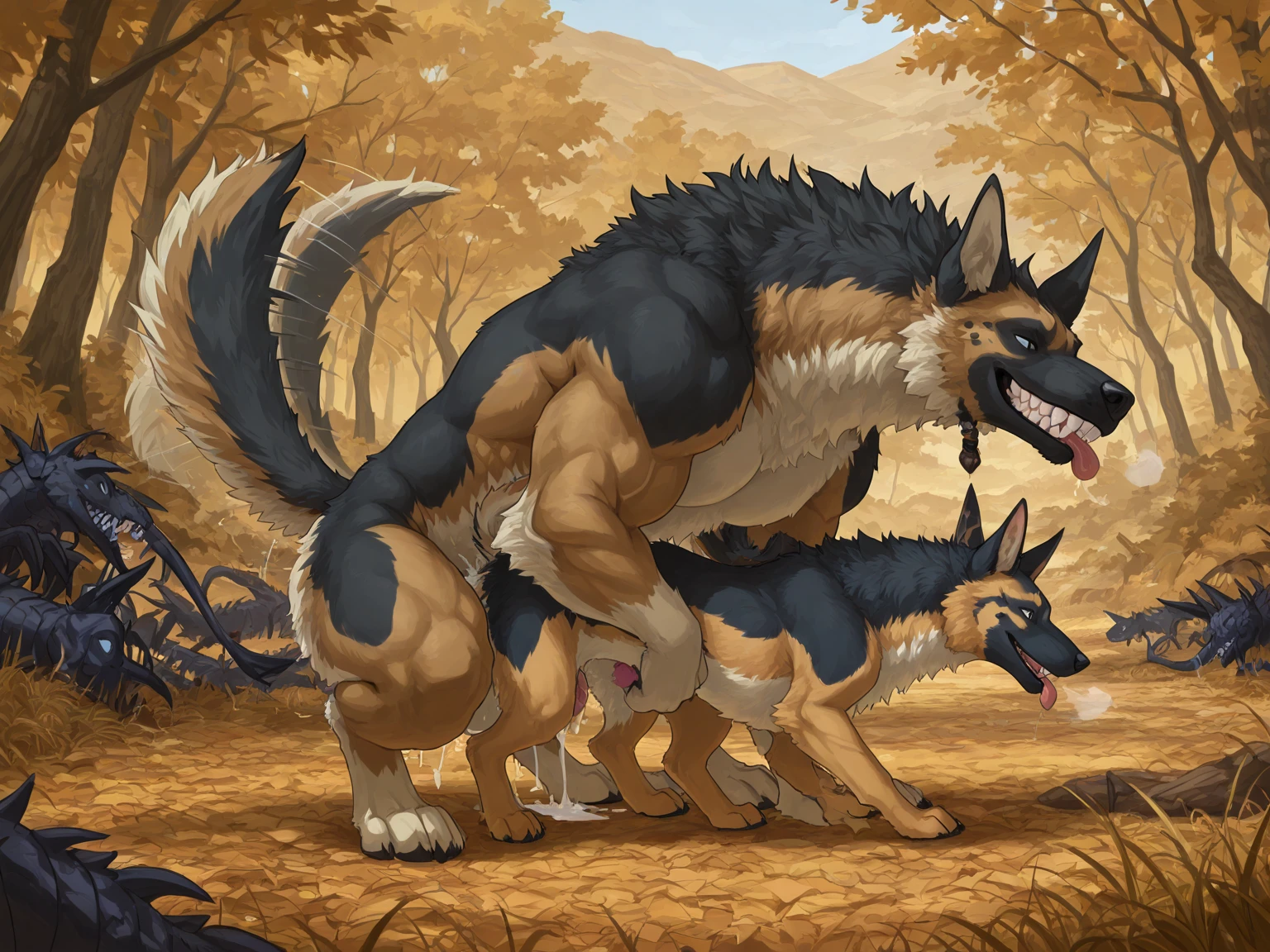 Large muscular male Felkin mounting and anally knotting a smaller male canine with their huge knotted equine penis, internal+, masterpiece, detailed image, (knotted equine penis+)++, anal knotting++, penetration, by Truegrave9, by Chunie, by Clockhands, by H0rs3, highly detailed image+, internal knotting,  big penis+,